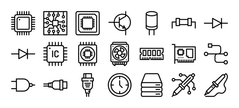 Large set of black line icons representing computer hardware components and electronic parts like microchips, processors, resistors, and diodes in a minimalist vector style
