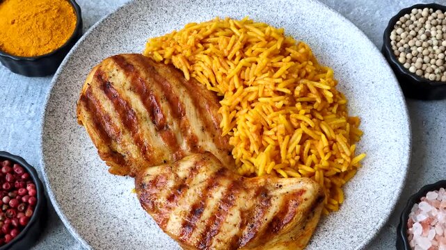 Kabsa or haneeth, an Arabic dish with rice and chicken, salt, and spices. Kabsa or haneeth as a food background for your design