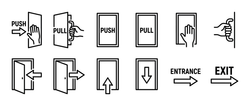 Collection of black line icons showing push and pull door signs with hands and arrows for public entrance and exit guidance in a simple minimalist vector illustration style