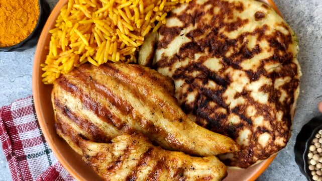 Dajaj Mashwi, an Arabic dish with rice and chicken, salt, and spices. Dajaj Mashwi as a food background for your design