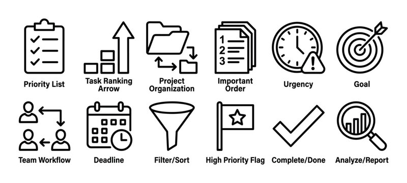 Collection of black line icons representing project management and business productivity concepts like priority, task, goal, deadline, and workflow in a simple, minimalist style