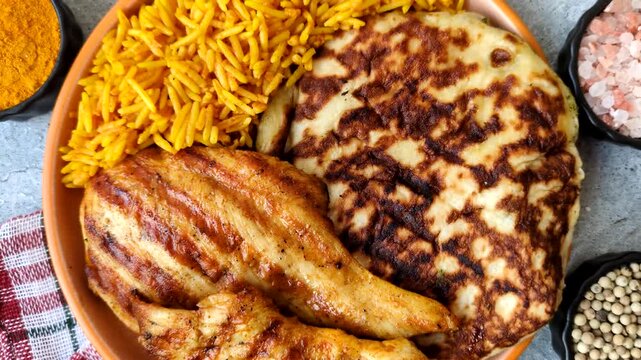 Dajaj Mashwi, an Arabic dish with rice and chicken, salt, and spices. Dajaj Mashwi as a food background for your design