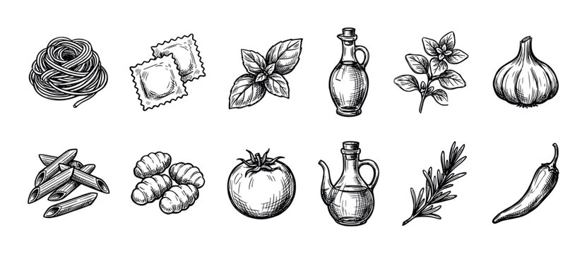 Hand-drawn collection of Italian food ingredients showing pasta, herbs, vegetables, and olive oil in a vintage black and white engraving style for culinary or menu design