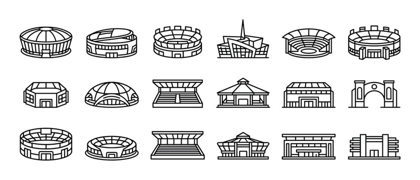 Set of stadium and arena icons in a minimalist line art style showing various architectural designs for sports venues, from classic coliseums to modern domed structures