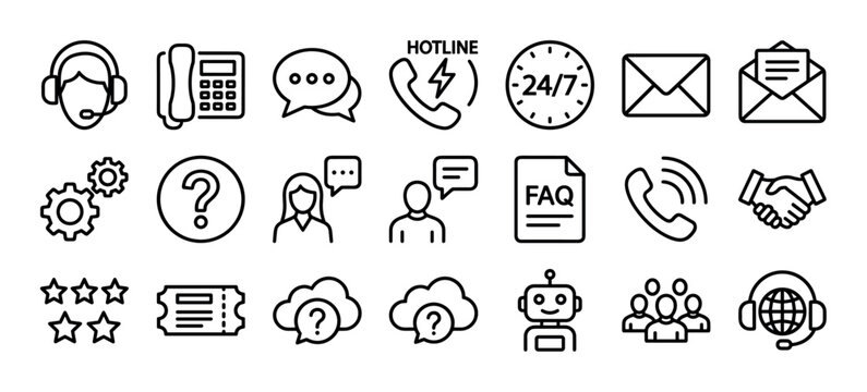 Large set of black line icons for customer service and technical support, including a headset, phone, chatbot, and FAQ symbols for a helpdesk or call center concept