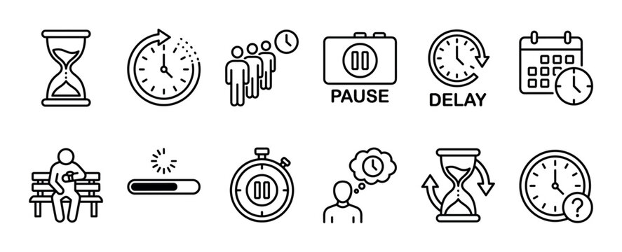 Set of black line icons representing time, waiting, and delay concepts like hourglass, clock, calendar, pause, and loading bar for user interface design and infographics