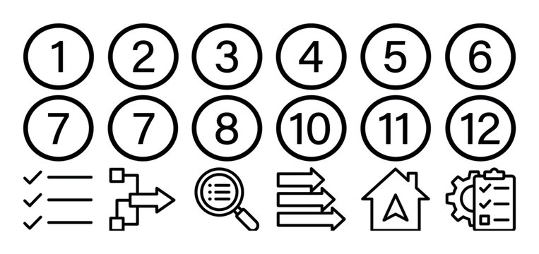 Collection of black line icons featuring numbered circles from one to twelve and symbols for process, planning, checklist, analysis, and project management for infographics