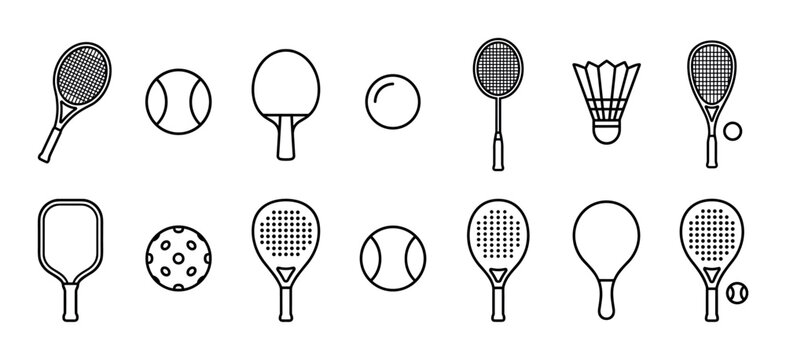 Collection of racket sports equipment icons for tennis, badminton, padel, and table tennis, presented as a minimalist black and white line art vector illustration set