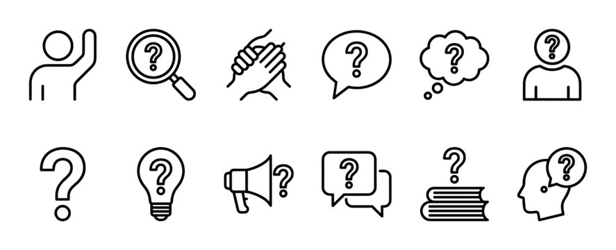 Set of black line icons representing questions, help, support, and problem-solving concepts like dialogue, research, and finding answers, presented in a minimalist, clean vector style