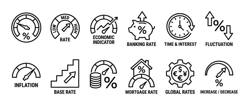 These financial and economic rate line icons illustrate various banking, interest, inflation, and mortgage concepts with clear gauges and symbols, presented in a clean, modern style