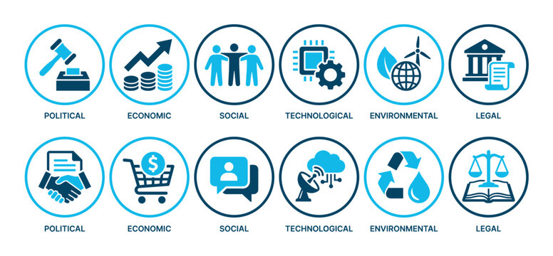 Set of blue PESTEL analysis icons representing political, economic, social, technological, environmental, and legal factors for business strategy and marketing assessment in a flat vector style
