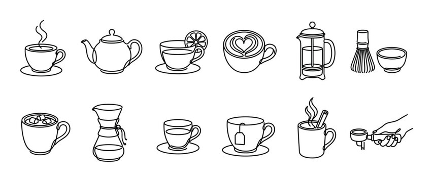 Set of black and white coffee and tea icons showing various brewing methods and drinks like espresso, latte, matcha, and pour-over in a simple minimalist line art vector style