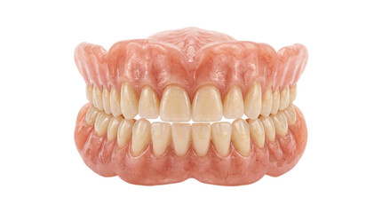 Obraz premium A complete set of realistic dental dentures with pink gums and natural looking teeth displayed cleanly in a bright studio against a black background