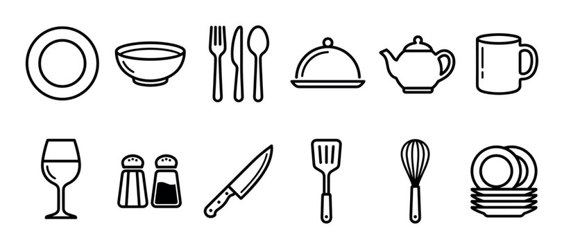 Set of kitchen and dining icons featuring various tableware and cooking utensils in a minimalist black line art style for graphic design and culinary concepts