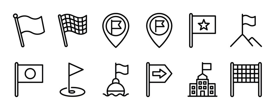 Collection of twelve black outline icons showing different types of flags, location pins, and goal markers for concepts like destination, sport, and achievement