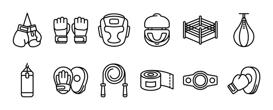 Boxing equipment and accessories line art icon set featuring gloves, headgear, punching bag, ring, and other gear for combat sports training, fitness, and competition