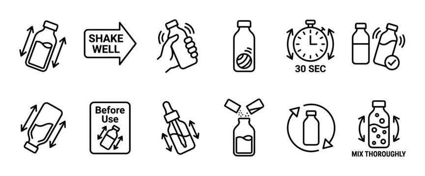 Set of shake well before use icons in a minimalist line art style illustrating the proper steps for mixing liquids, medicine, or supplements in a bottle