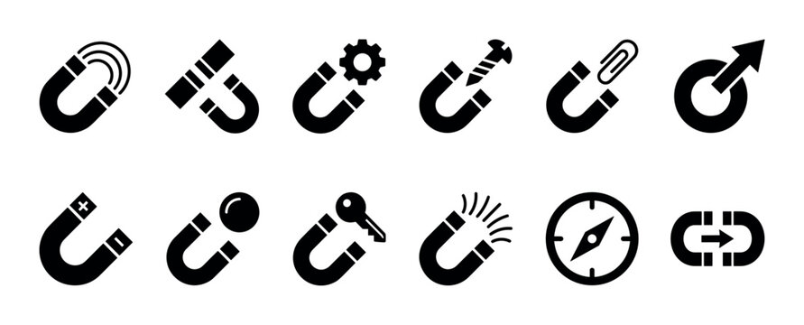 Set of black magnet and attraction glyph icons representing business concepts like lead generation, customer retention, and inbound marketing in a simple flat vector style