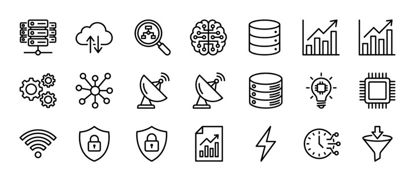 Set of black thin line icons representing big data, technology, and business concepts like server, cloud computing, database, security, analytics, and artificial intelligence