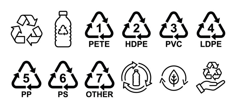 Set of black recycling symbols and plastic identification codes for waste management, including PETE, HDPE, PVC, LDPE, PP, PS, and OTHER for packaging labels and material sorting