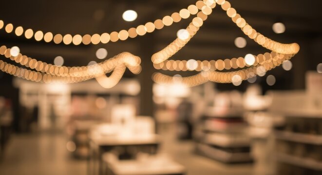Blurred background of festive string lights illuminating an indoor space, creating a warm and inviting atmosphere.