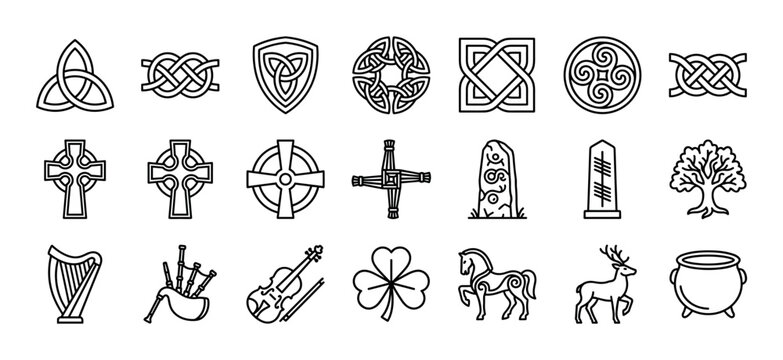 Collection of black line art Celtic symbols and Irish cultural icons including the triquetra, cross, shamrock, harp, and tree of life in a minimalist vector illustration set