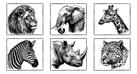 Obraz premium Collection of six majestic African wildlife animal portraits in a sketch art style
