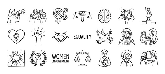 Obraz premium Collection of hand-drawn feminist icons representing women's empowerment, gender equality, sisterhood, and activism in a simple black and white minimalist line art illustration set