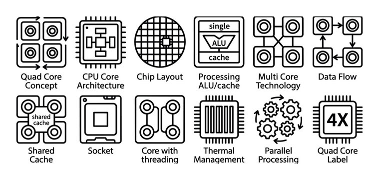Comprehensive set of black line art icons illustrates computer processor architecture and related concepts, including multi-core technology, data flow, and thermal management, in a clear
