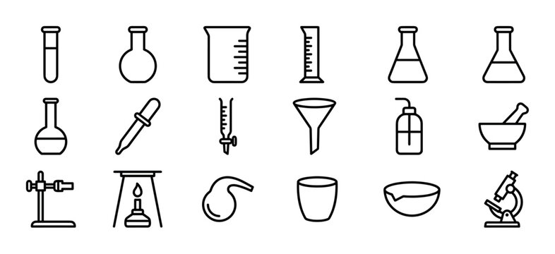 Set of laboratory equipment line art icons representing chemistry and science research with beakers, flasks, and a microscope in a minimalist graphic style for scientific concepts