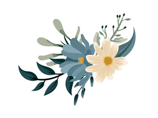 Fototapeta premium Delicate floral bouquet with daisies and wildflowers, soft botanical arrangement with leaves, elegant decorative flat vector illustration isolated on white background