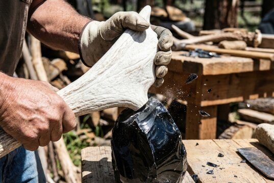 Flintknapper using an antler billet to strike flakes from a large chunk of black obsidian