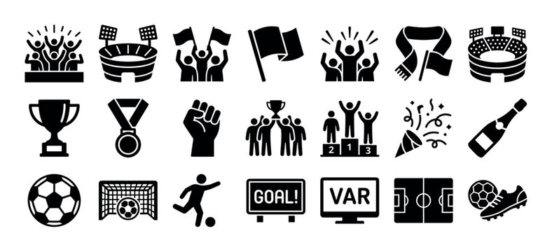 Comprehensive collection of black silhouette soccer icons representing stadium, fans, trophies, medals, celebration, and game elements in a modern graphic style
