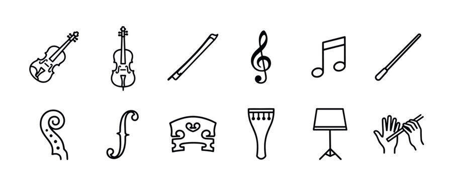 Musical instrument line icon set featuring violin parts, flute, treble clef, music stand, and a conductor's baton in a simple black and white graphic style