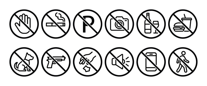 Black line art prohibition warning icons set with various forbidden activities such as no photography, no alcohol, no weapons, and no mobile phones in a simple graphic illustration