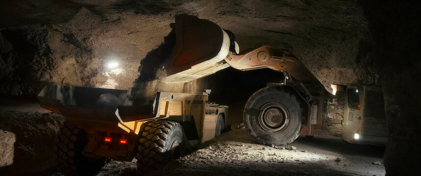mining bulldozer pours gold ore into the body of a mine dump truck.