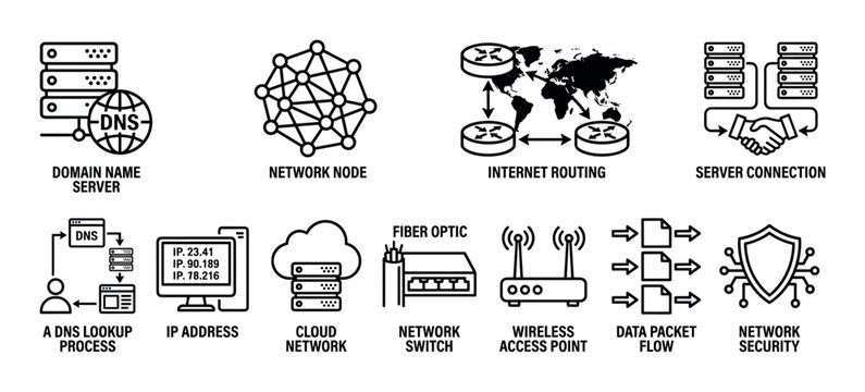 Internet and network technology line icon set with concepts like DNS, server connection, cloud computing, routing, and data security shown in a minimalist vector outline style