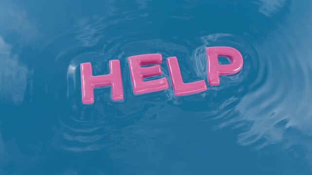 Help word 3D text floating on water 3D animation. SOS sink swim