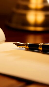 Elegant black and gold fountain pen resting on open white notebook