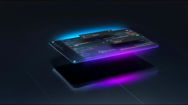 Futuristic digital user interface dashboard floating in dark void with neon lights