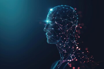 Obraz premium Digital human head composed of glowing blue nodes