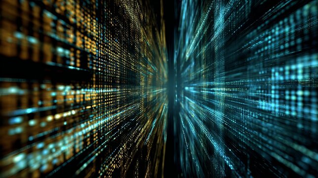 A futuristic digital tunnel with vibrant blue and orange lights speeding towards the center