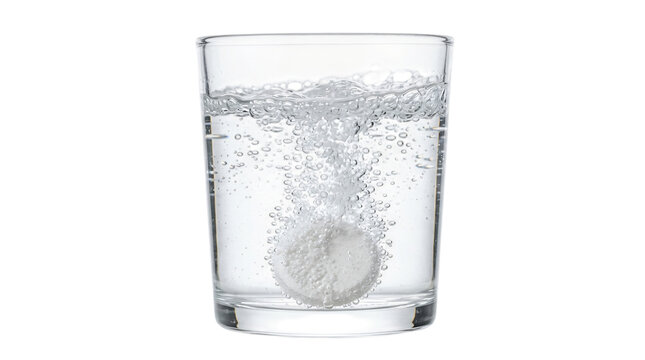 White effervescent tablet dissolves in clear glass of sparkling water creating dynamic bubbles against black background highlighting a refreshing chem