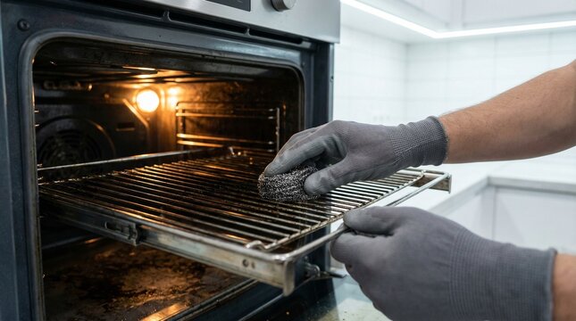 Person in gloves cleaning a dirty oven rack.