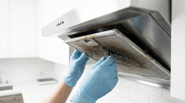 Person in gloves removing a dirty range hood filter for cleaning.