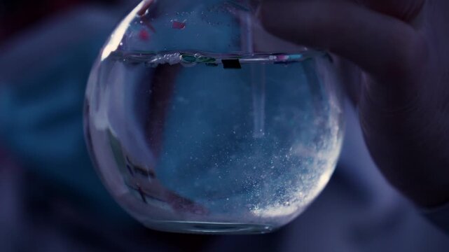 Researcher analyzing water pollution with microplastics and nanoplastics in a laboratory flask