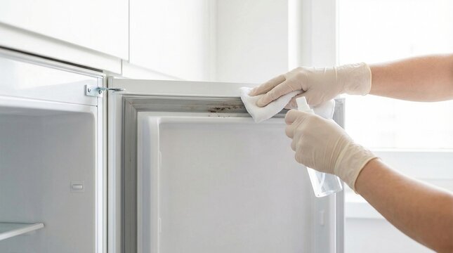 Person wearing gloves cleaning the refrigerator door seal.