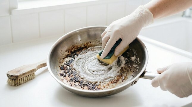 Person wearing gloves scrubbing a dirty burnt frying pan with a sponge and cleaning solution.