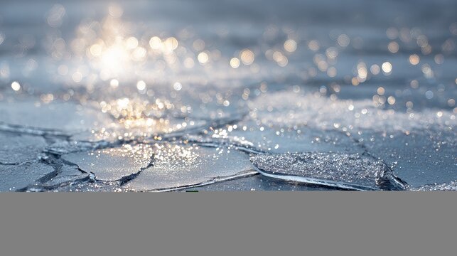 A close-up view of cracked ice with sunlight reflecting on its surface