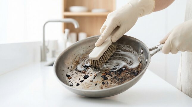 Person wearing gloves scrubbing a dirty frying pan with a brush.